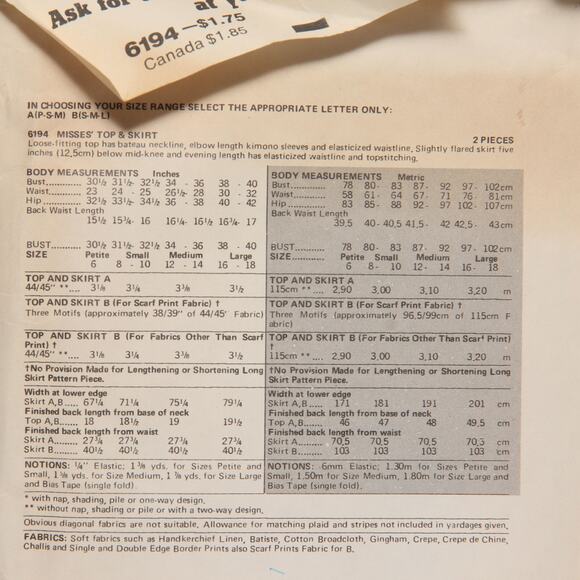 Vintage 70s Butterick 6194 Kimono Top & Skirt Pattern Size B (S-M-L) CUT - Picture 3 of 3